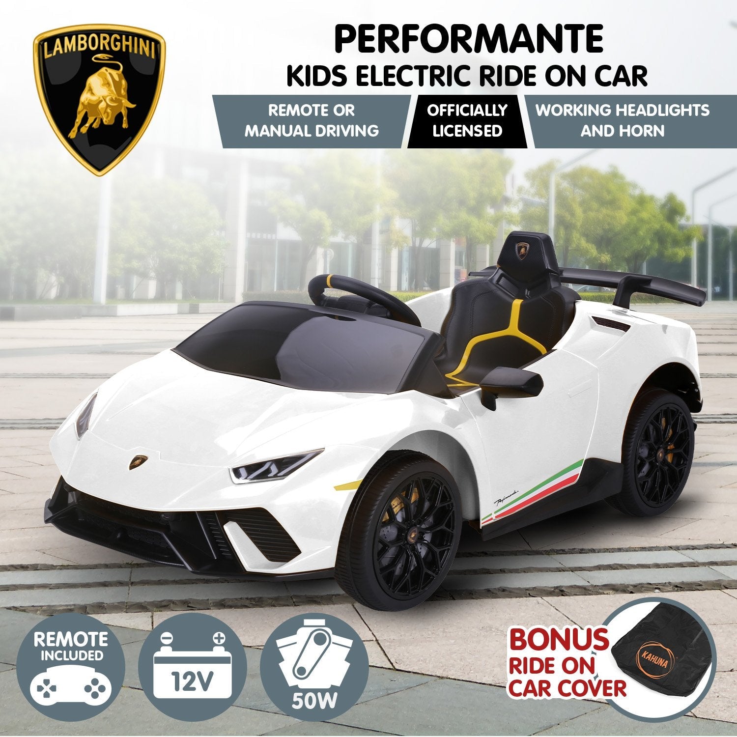 Kahuna Lamborghini Performante Kids Electric Ride On Car Remote Control by Kahuna - White Kahuna