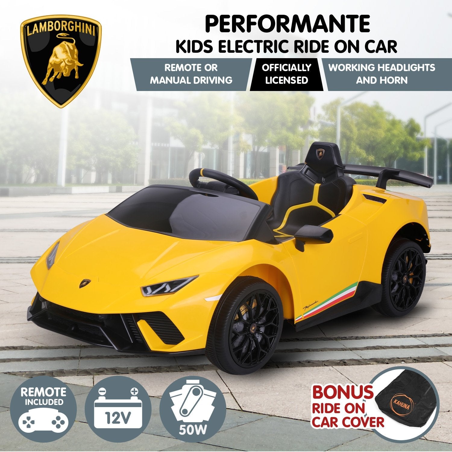 Kahuna Lamborghini Performante Kids Electric Ride On Car Remote Control - Yellow Kahuna