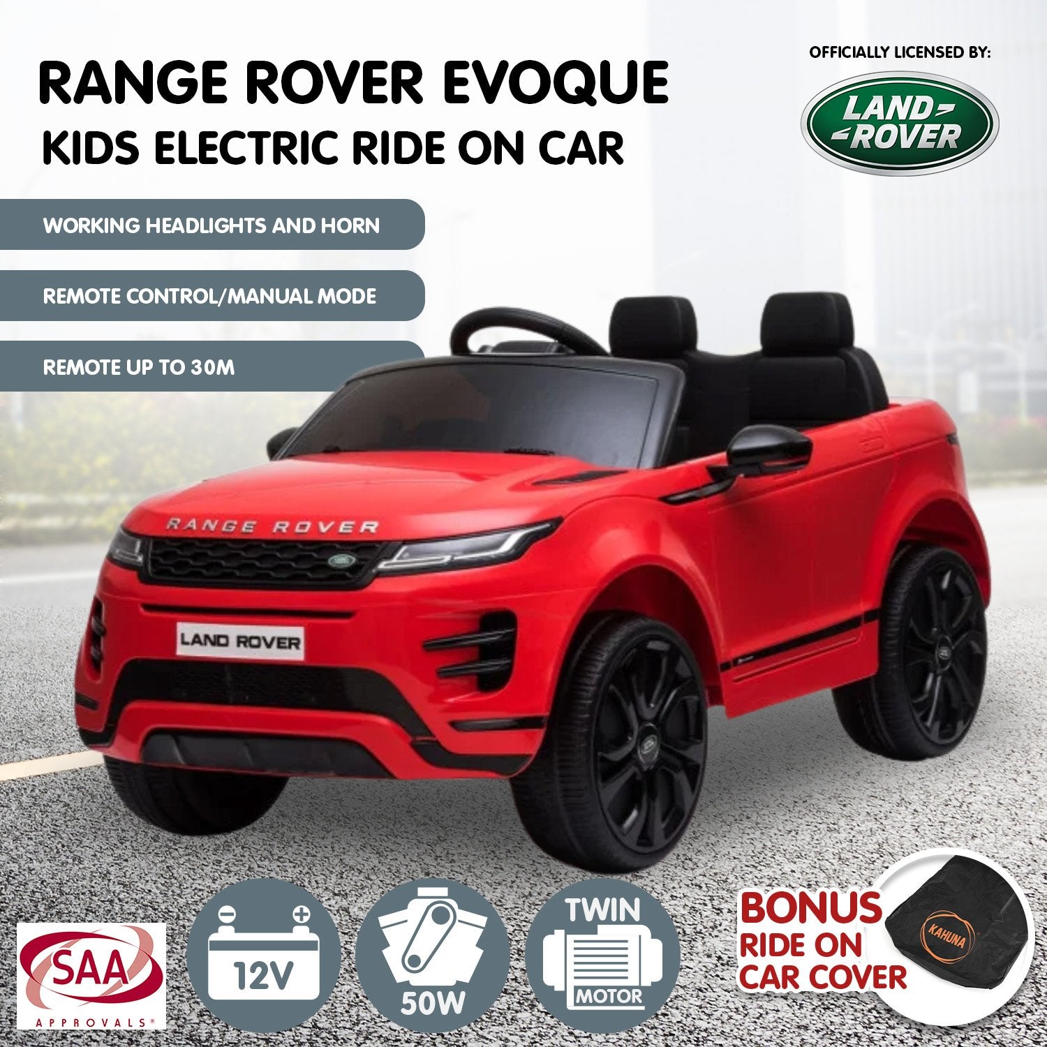 Kahuna Land Rover Licensed Kids Electric Ride On Car Remote Control - Red Kahuna