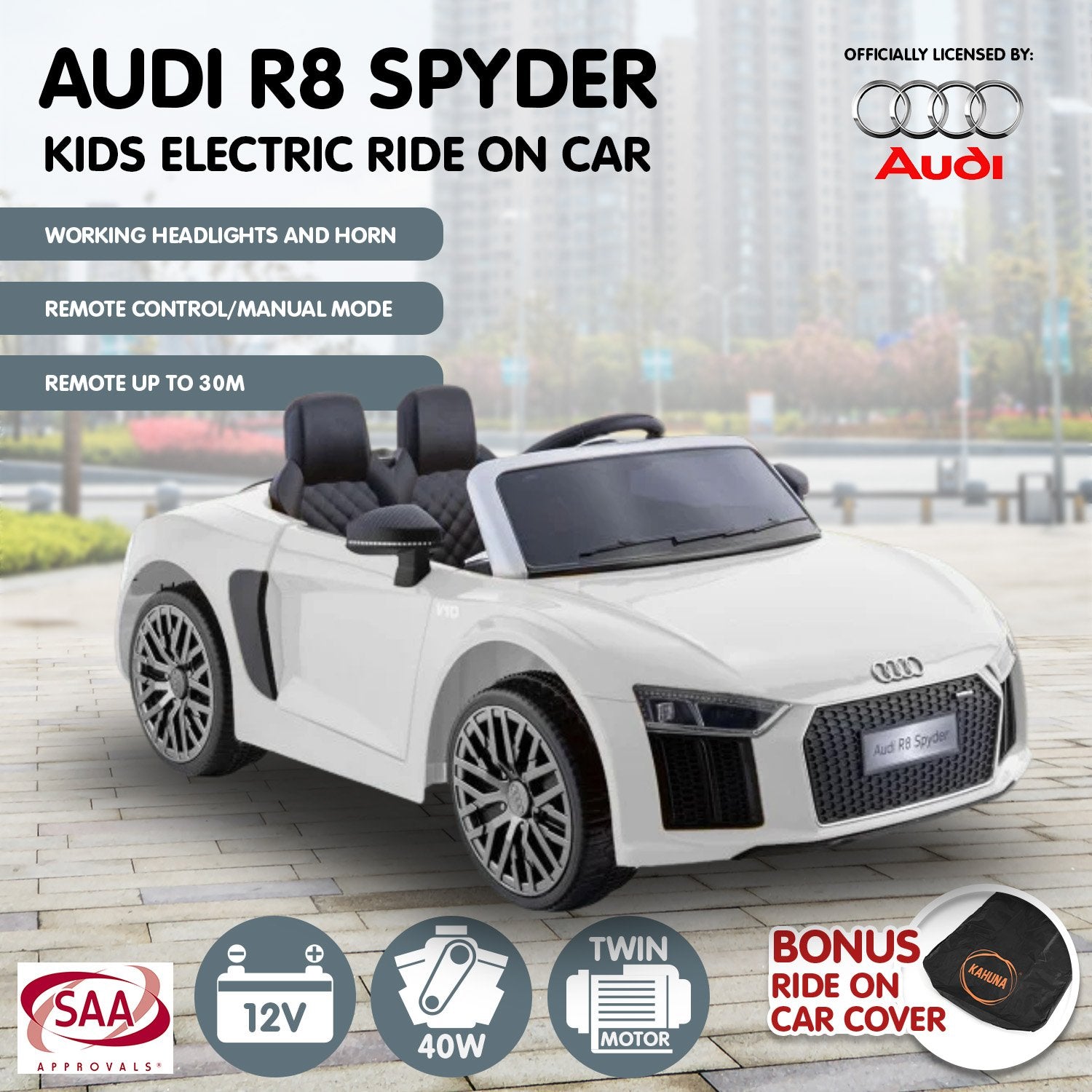 Kahuna R8 Spyder Audi Licensed Kids Electric Ride On Car Remote Control - White Kahuna