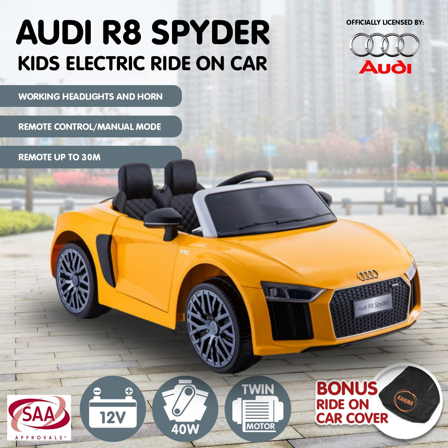 Kahuna R8 Spyder Audi Licensed Kids Electric Ride On Car Remote Control - Yellow Powertrain