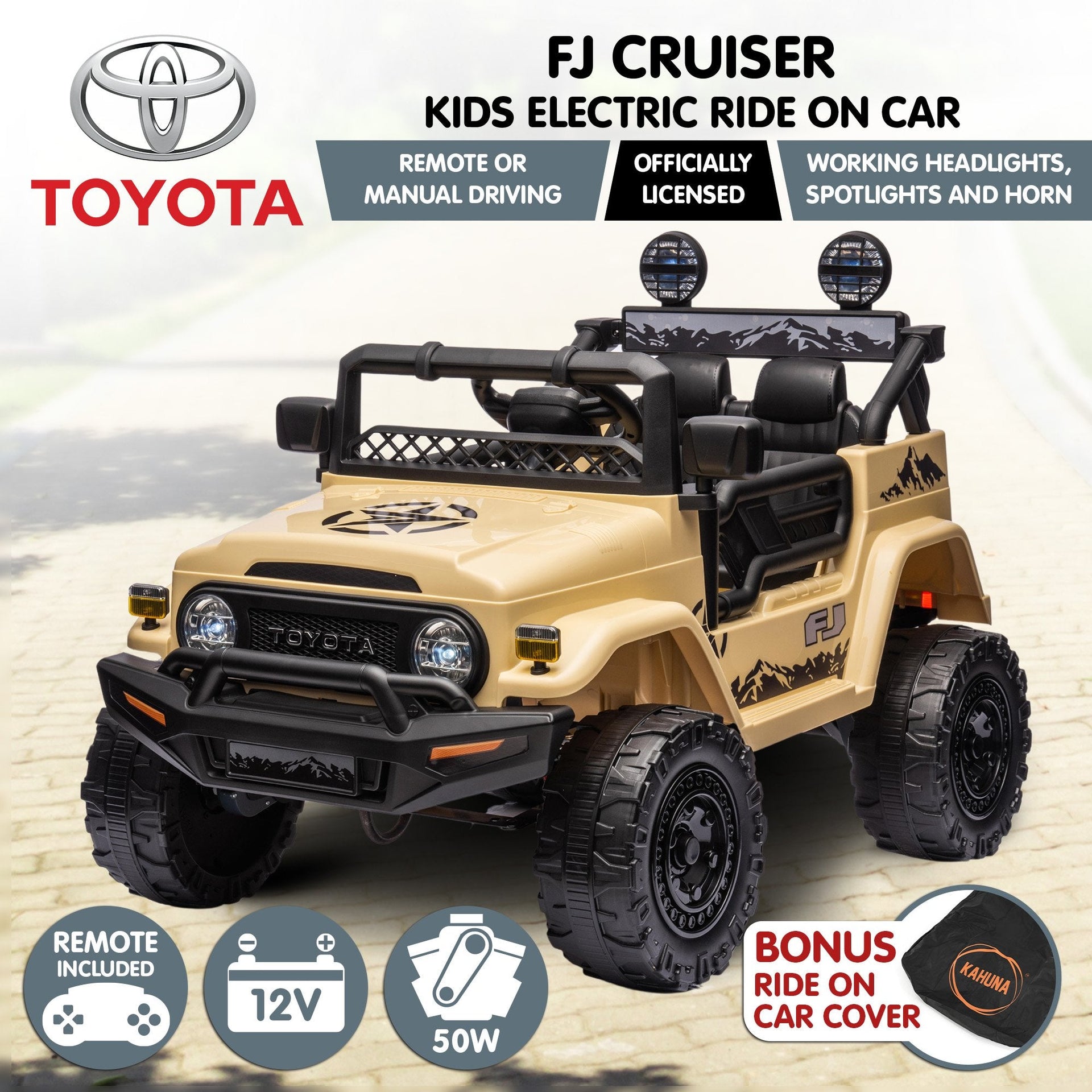 Kahuna Authorised Toyota Fj Cruiser Kids Electric Ride On Car - Khaki Kahuna