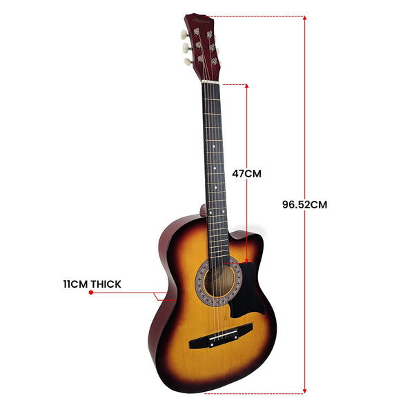 Karrera 38in Acoustic Guitar Steel Strings Carry Bag Shoulder Strap Sun Burst Karrera