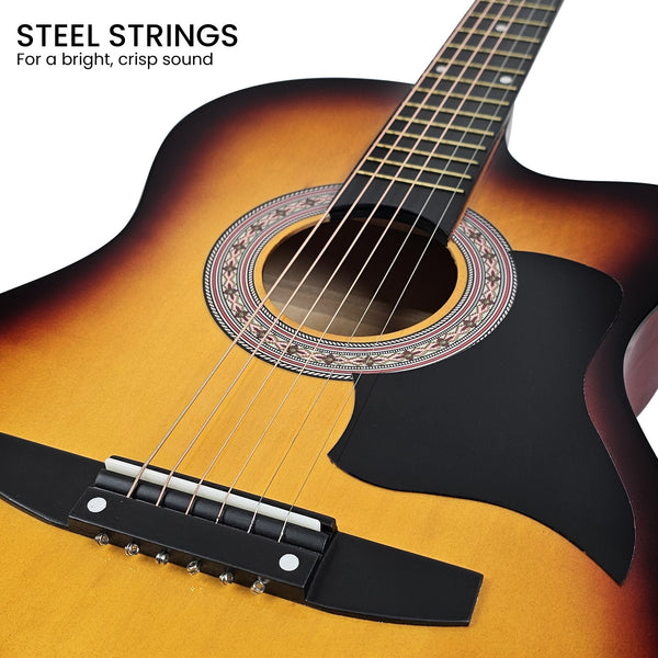Karrera 38in Acoustic Guitar Steel Strings Carry Bag Shoulder Strap Sun Burst Karrera