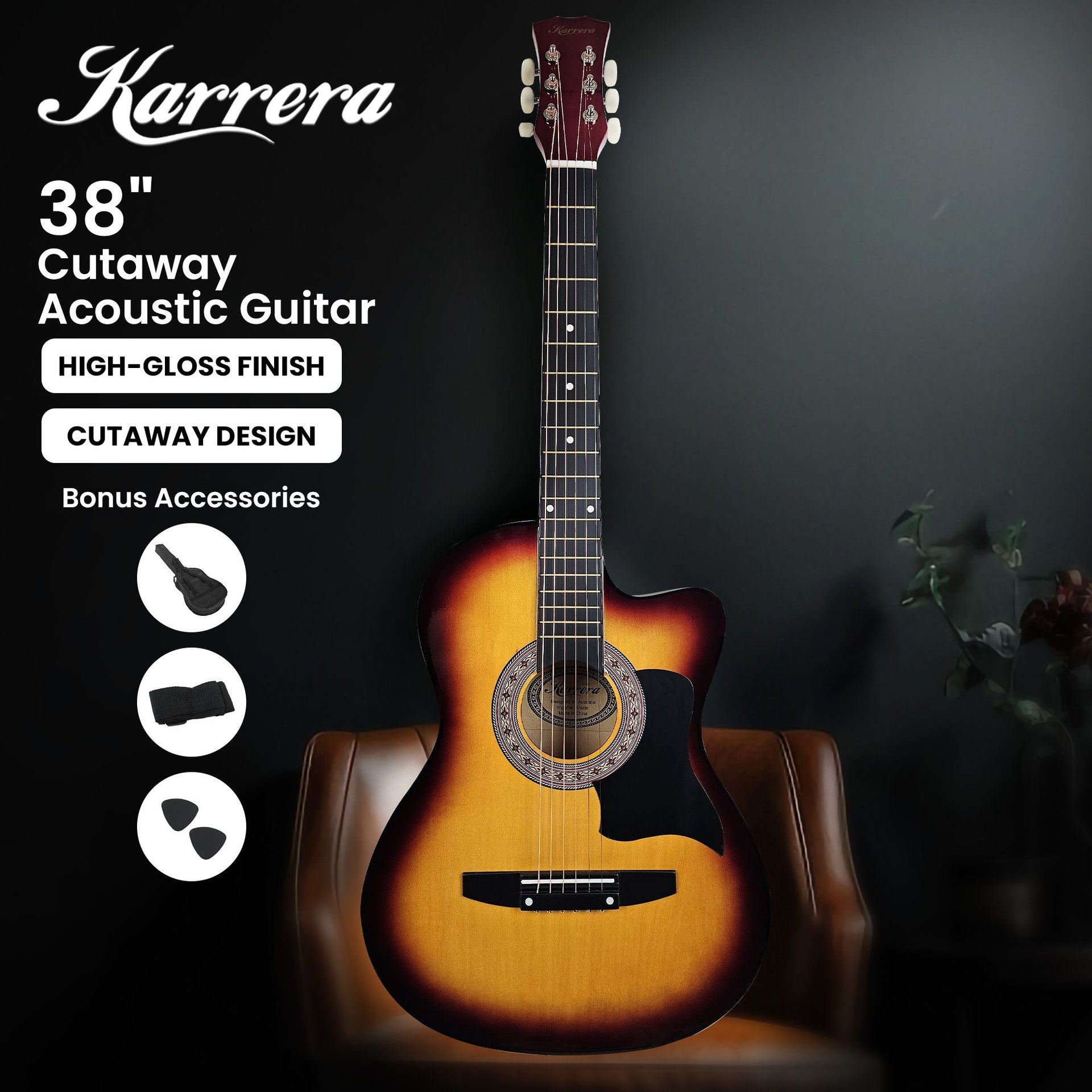 Karrera 38in Acoustic Guitar Steel Strings Carry Bag Shoulder Strap Sun Burst Karrera