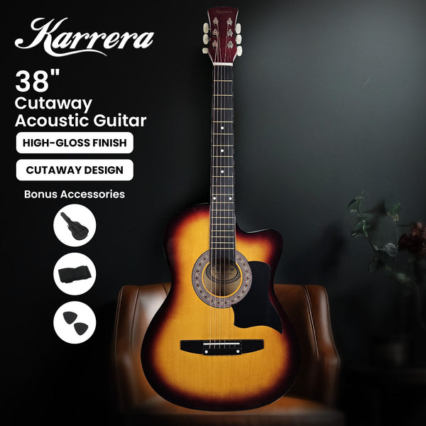 Karrera 38in Acoustic Guitar Steel Strings Carry Bag Shoulder Strap Sun Burst Karrera