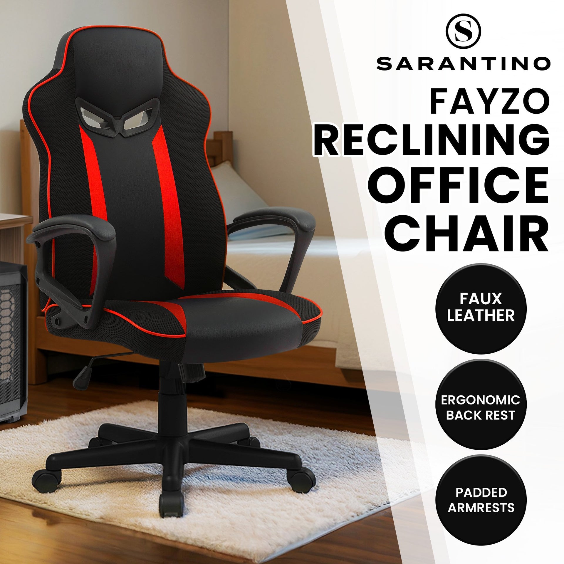 Sarantino Fayzo Racing Reclining Office Gaming Chair Black And Red Adjustable Computer Desk Seat With Adjustable Height, Breathable Mesh Back, Padded Armrests Sarantino