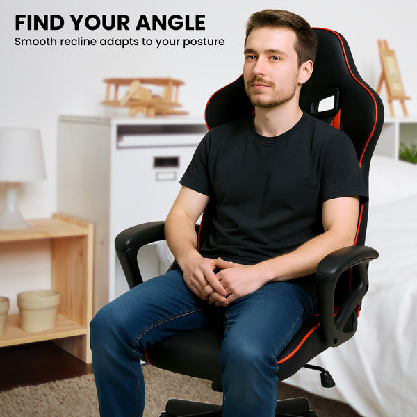 Sarantino Fayzo Racing Reclining Office Gaming Chair Black And Red Adjustable Computer Desk Seat With Adjustable Height, Breathable Mesh Back, Padded Armrests Sarantino