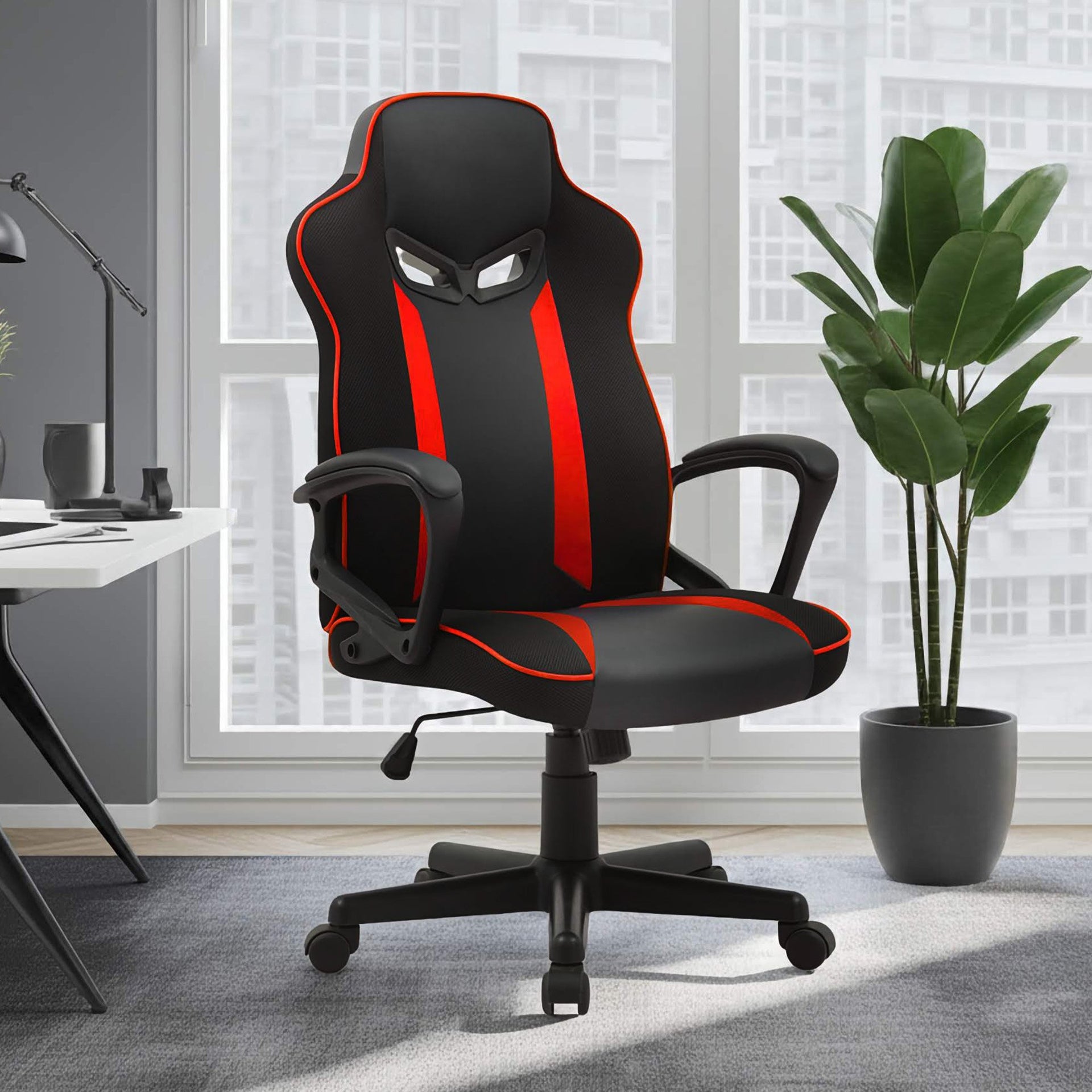 Sarantino Fayzo Racing Reclining Office Gaming Chair Black And Red Adjustable Computer Desk Seat With Adjustable Height, Breathable Mesh Back, Padded Armrests Sarantino