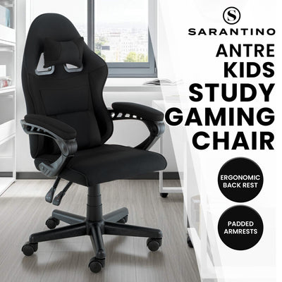 Sarantino Antre Kids Study Gaming Chair Black Adjustable Computer Desk Seat Racing Inspired-look With Adjustable Height, Ergonomic Back Support, Padded Armrests