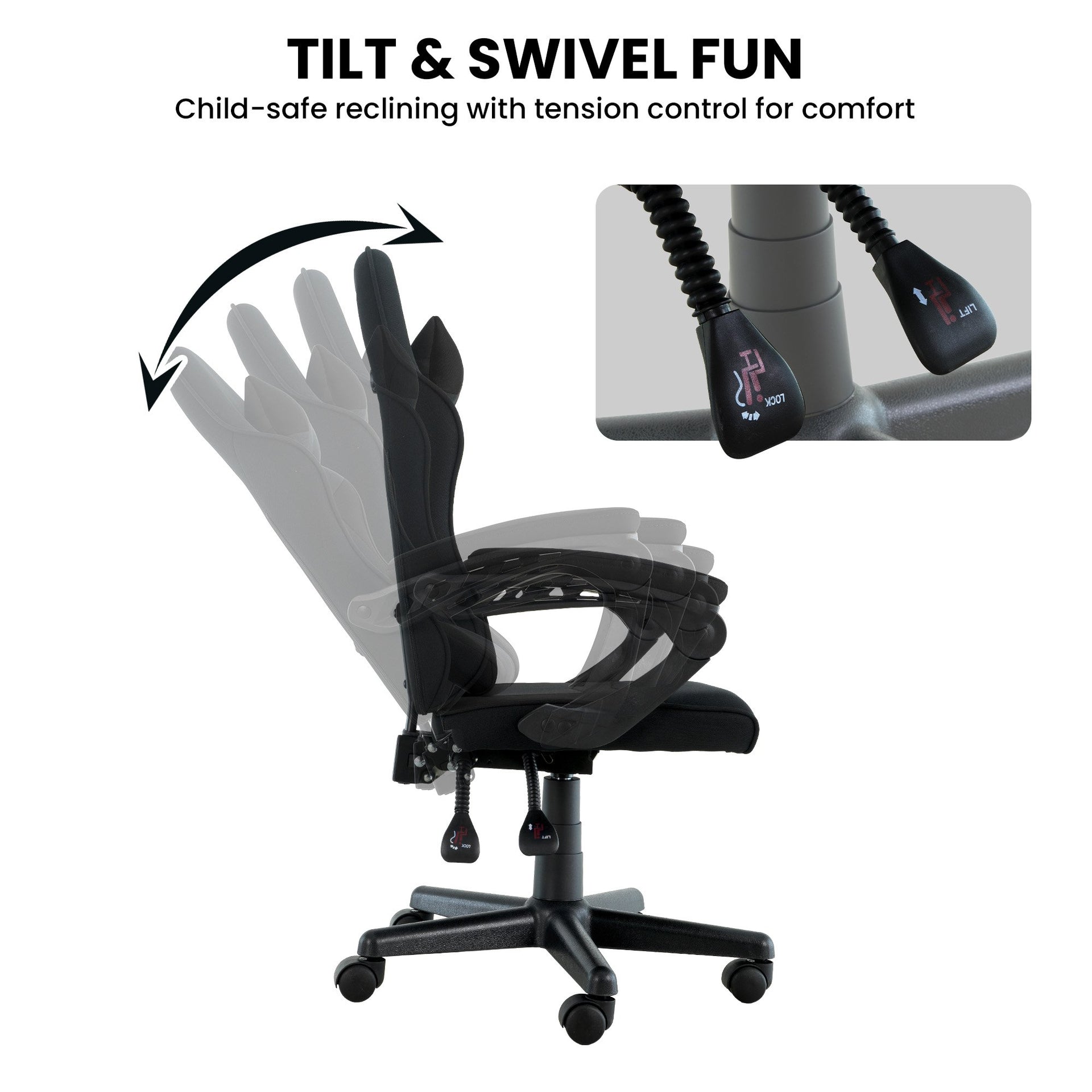 Sarantino Antre Kids Study Gaming Chair Black Adjustable Computer Desk Seat Racing Inspired-look With Adjustable Height, Ergonomic Back Support, Padded Armrests Sarantino