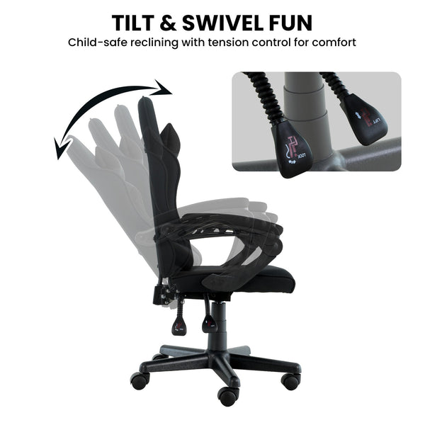 Sarantino Antre Kids Study Gaming Chair Black Adjustable Computer Desk Seat Racing Inspired-look With Adjustable Height, Ergonomic Back Support, Padded Armrests Sarantino