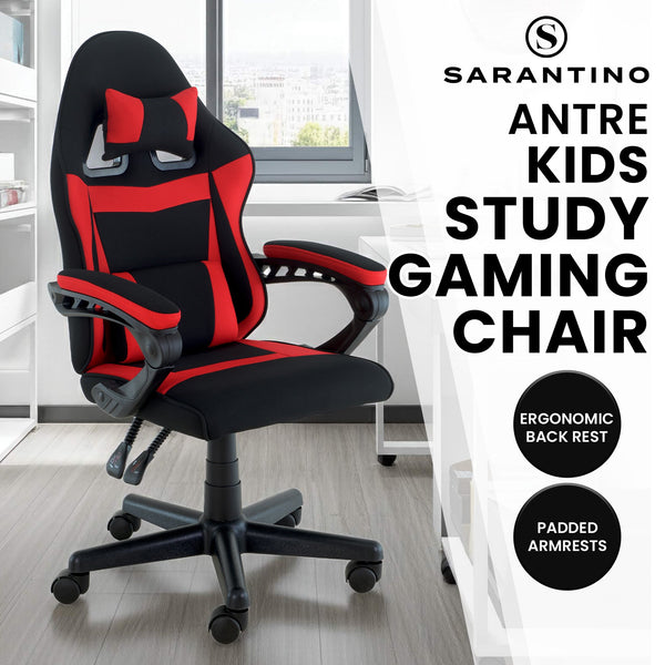 Sarantino Antre Kids Study Gaming Chair Black Red Computer Desk Seat Adjustable Height, Ergonomic Back Support, Padded Armrests Sarantino