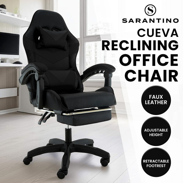 Sarantino Cueva Reclining High Back Office Gaming Chair Black Retractable Footrest Computer Seat Sarantino