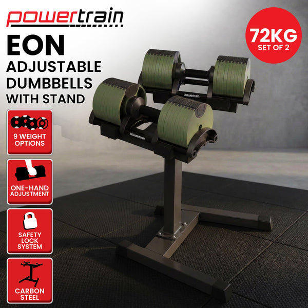 Powertrain Eon Dial-Up 72KG Adjustable Dumbbells Pair with Stand  - Green Awezingly