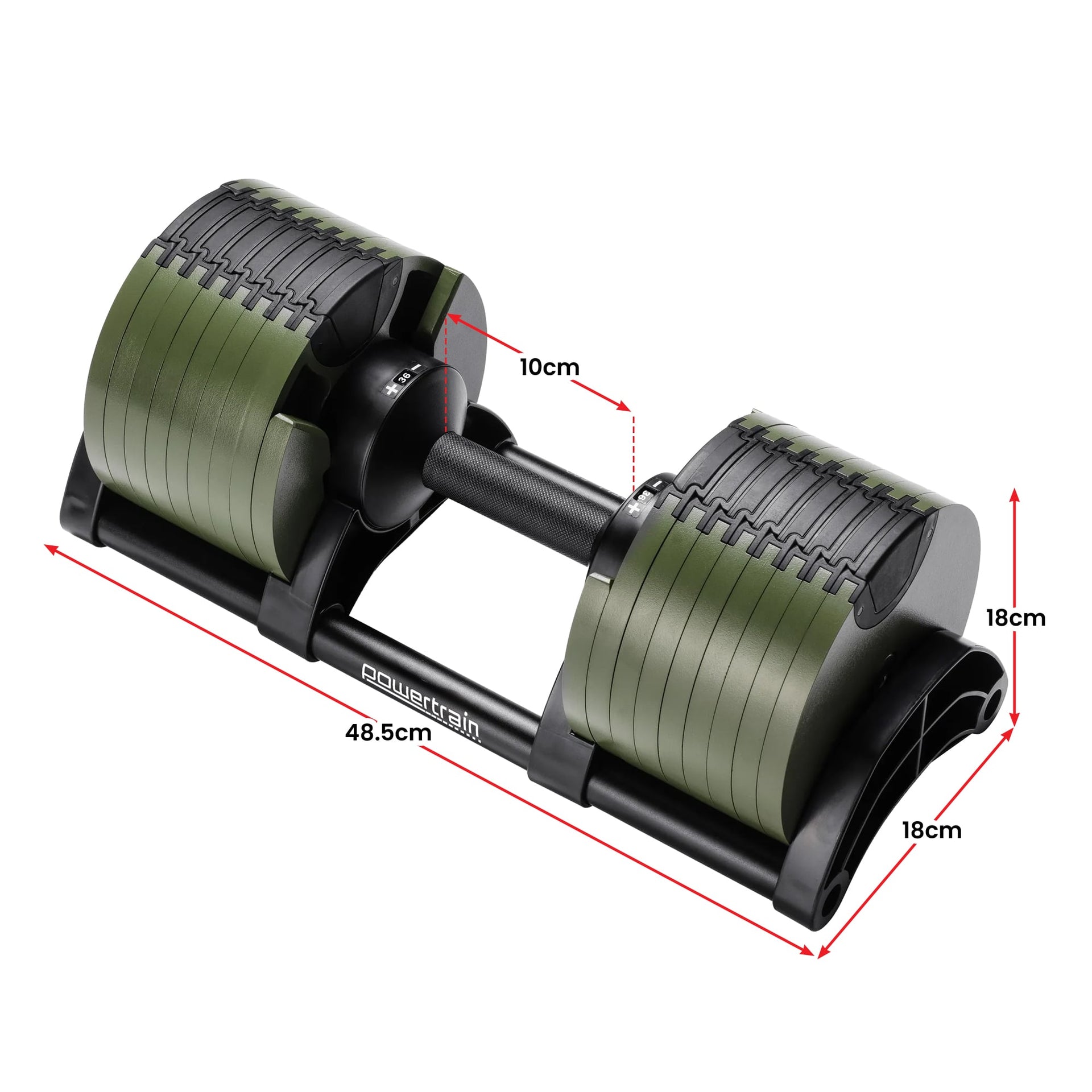 Powertrain Eon Dial-Up 72KG Adjustable Dumbbells Pair with Stand  - Green Awezingly