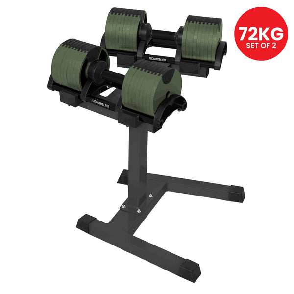 Powertrain Eon Dial-Up 72KG Adjustable Dumbbells Pair with Stand  - Green Awezingly