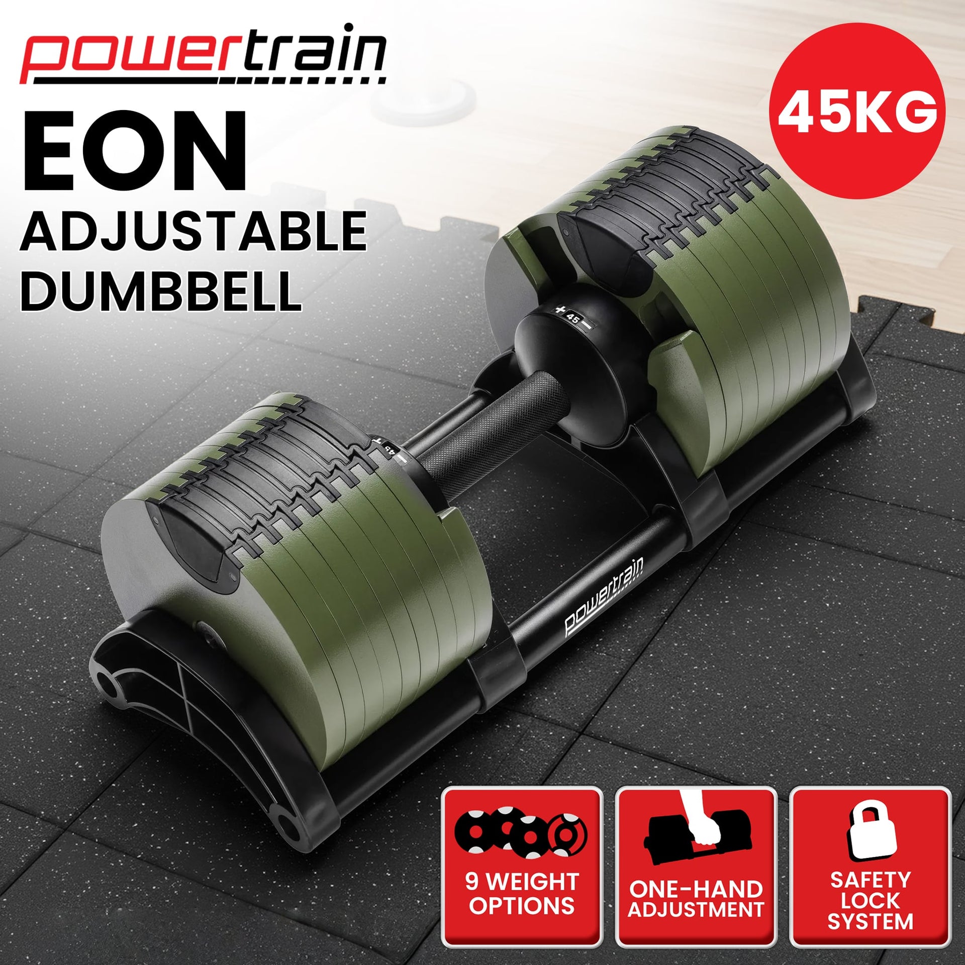 Powertrain Eon Dial-Up 45KG Adjustable Dumbbell - Green Awezingly