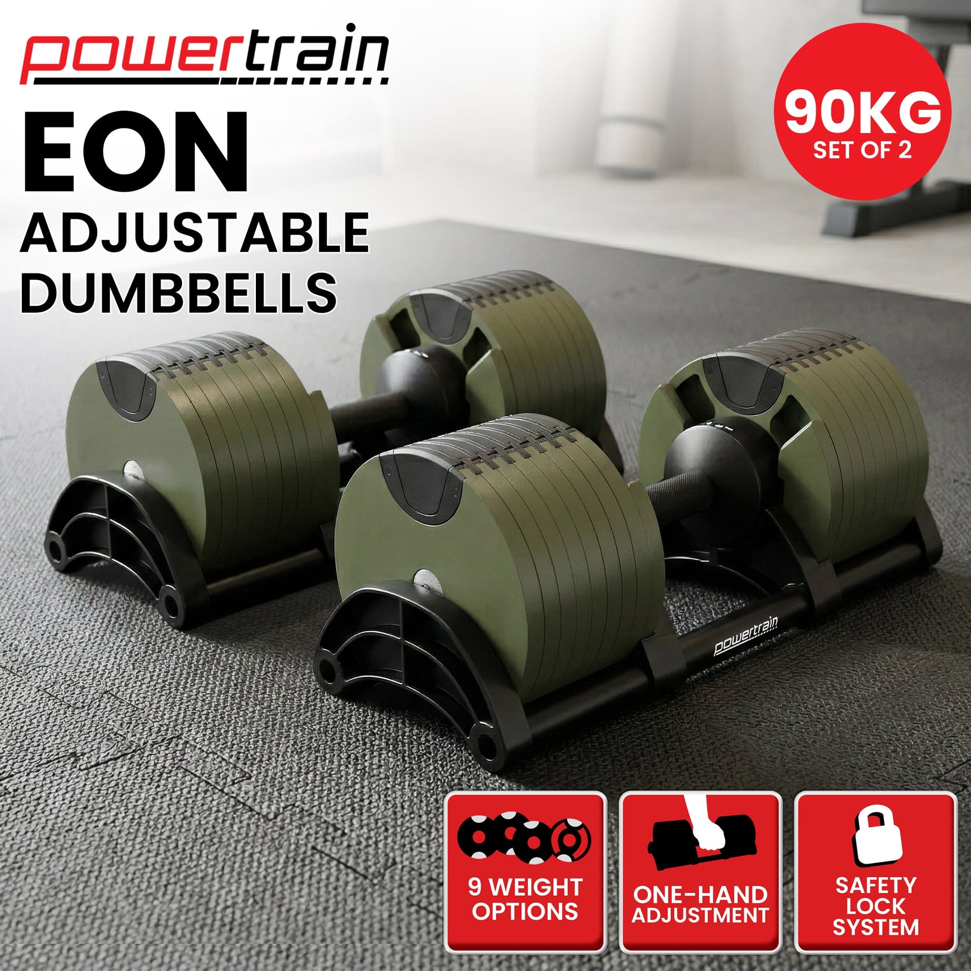 Powertrain Eon Dial-Up 90KG Adjustable Dumbbells Pair - Green Awezingly