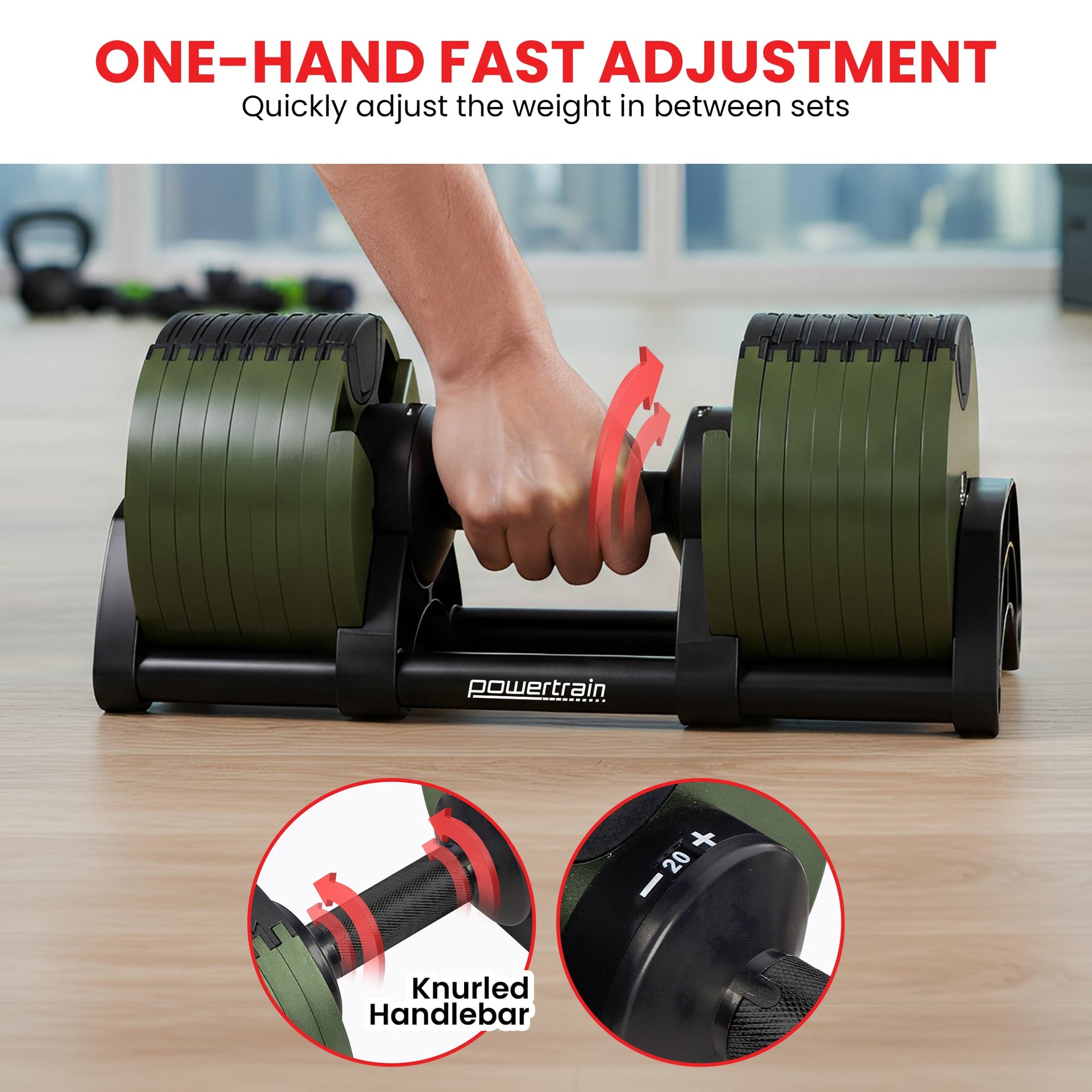 Powertrain Eon Dial-Up 90KG Adjustable Dumbbells Pair - Green Awezingly