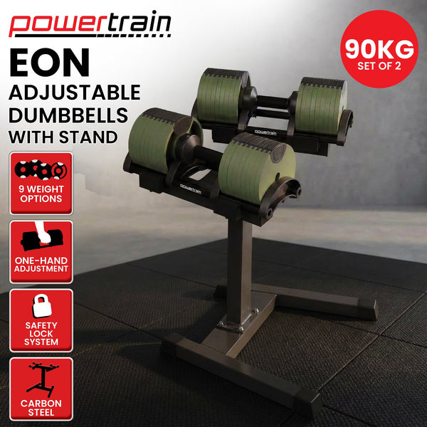 Powertrain Eon Dial-Up 90KG Adjustable Dumbbells Pair with Stand  - Green Awezingly