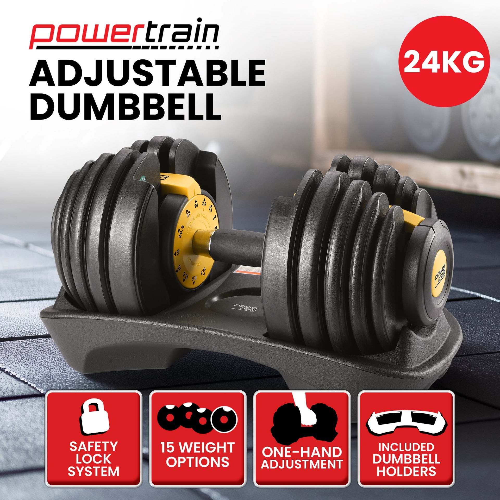 Powertrain 24KG  Adjustable Home Gym Dumbbell - Gold Powertrain
