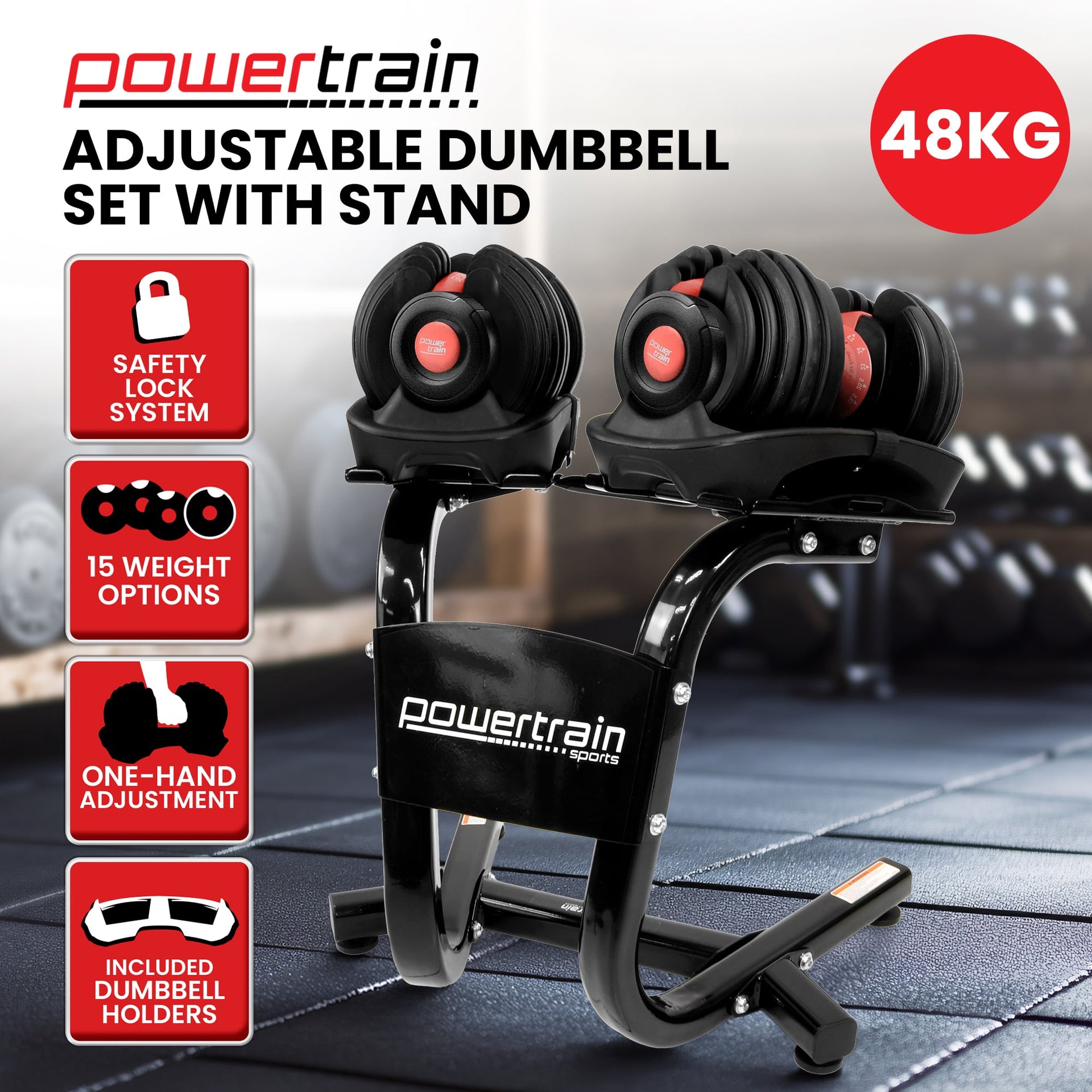 Powertrain 48kg Adjustable Dumbbells with Dumbbell Stand – Red Powertrain