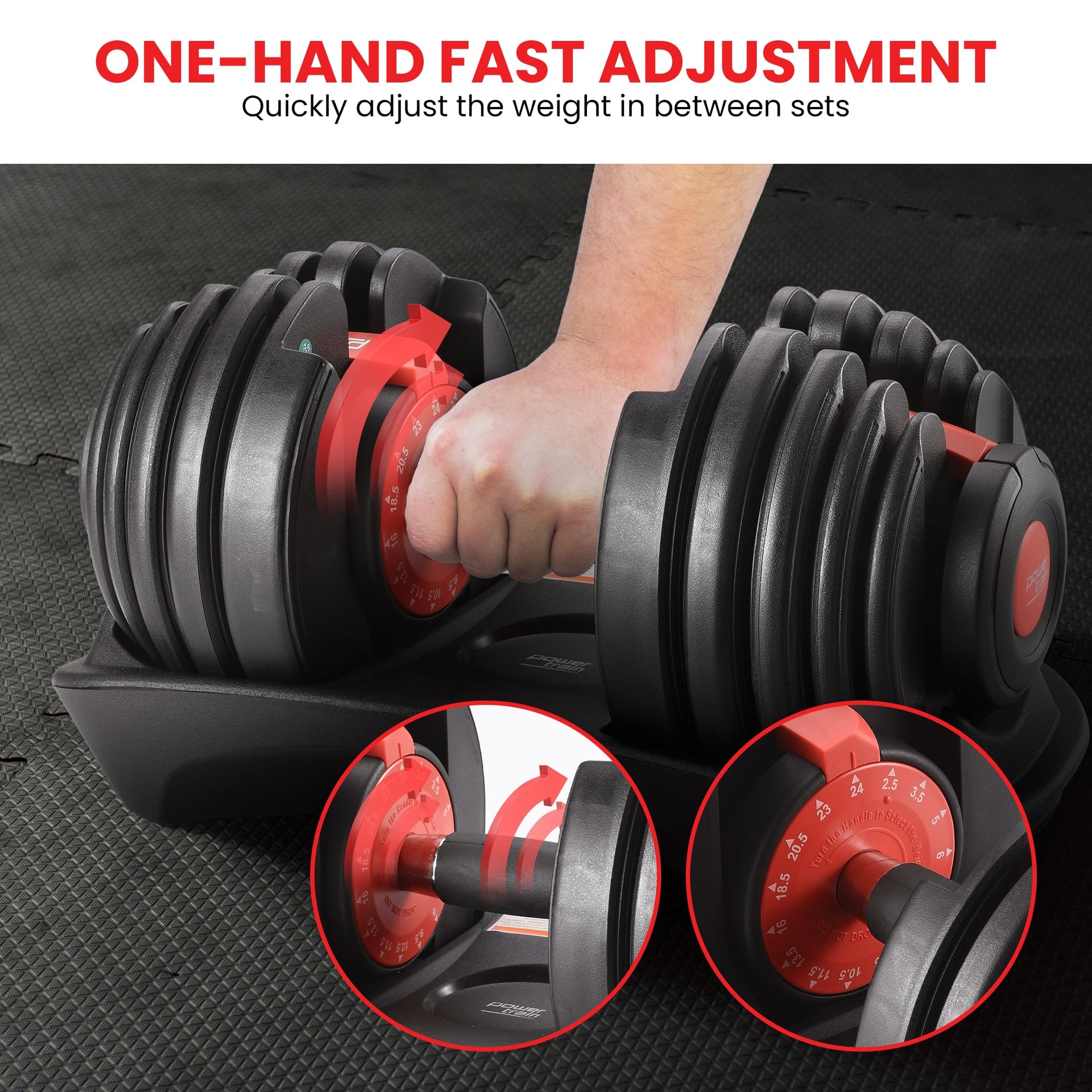 Powertrain 48kg Adjustable Dumbbells with Dumbbell Stand – Red Powertrain