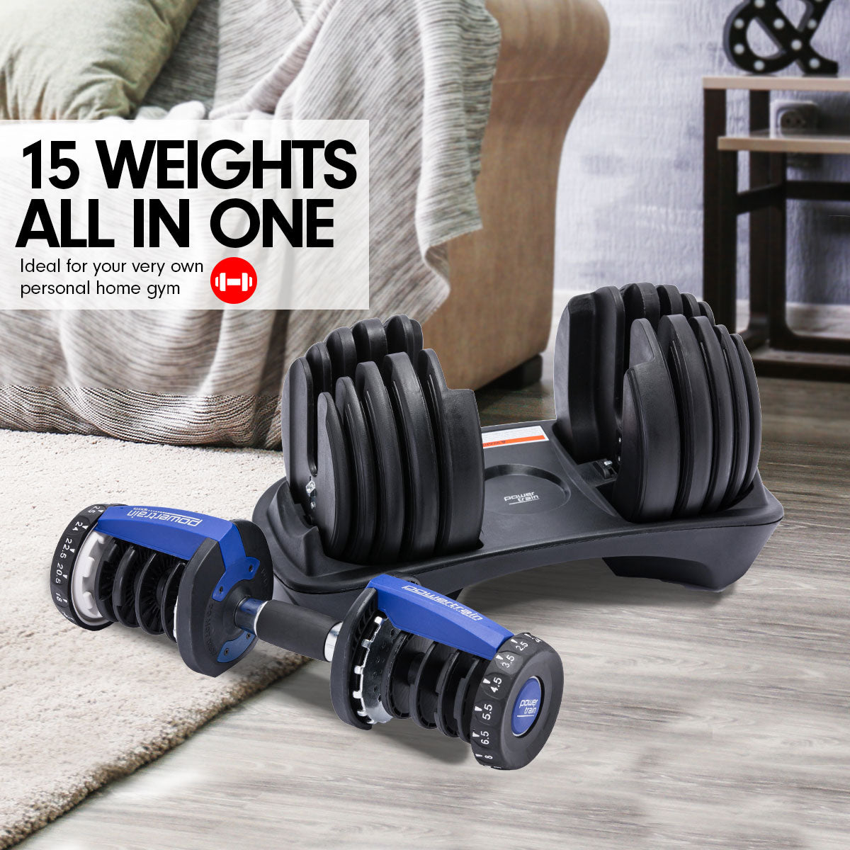 Powertrain 48KG Adjustable Dumbbell Set With Stand Blue Powertrain