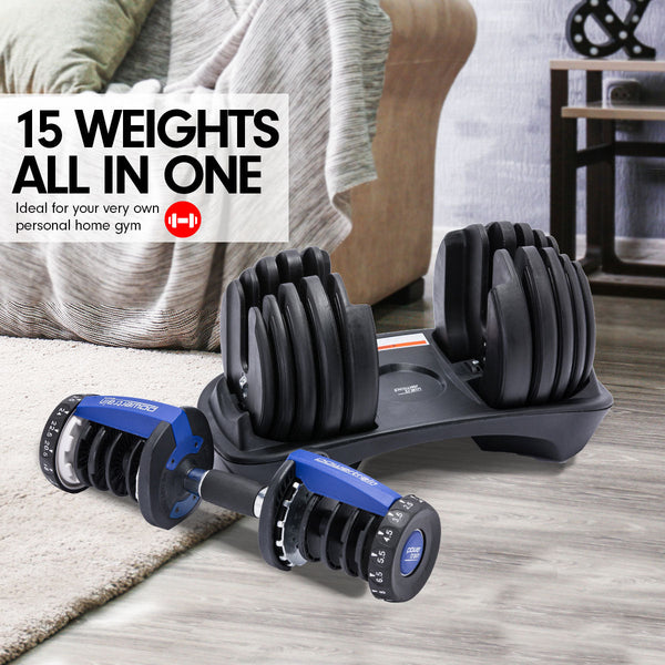 Powertrain 48KG Adjustable Dumbbell Set With Stand Blue Powertrain