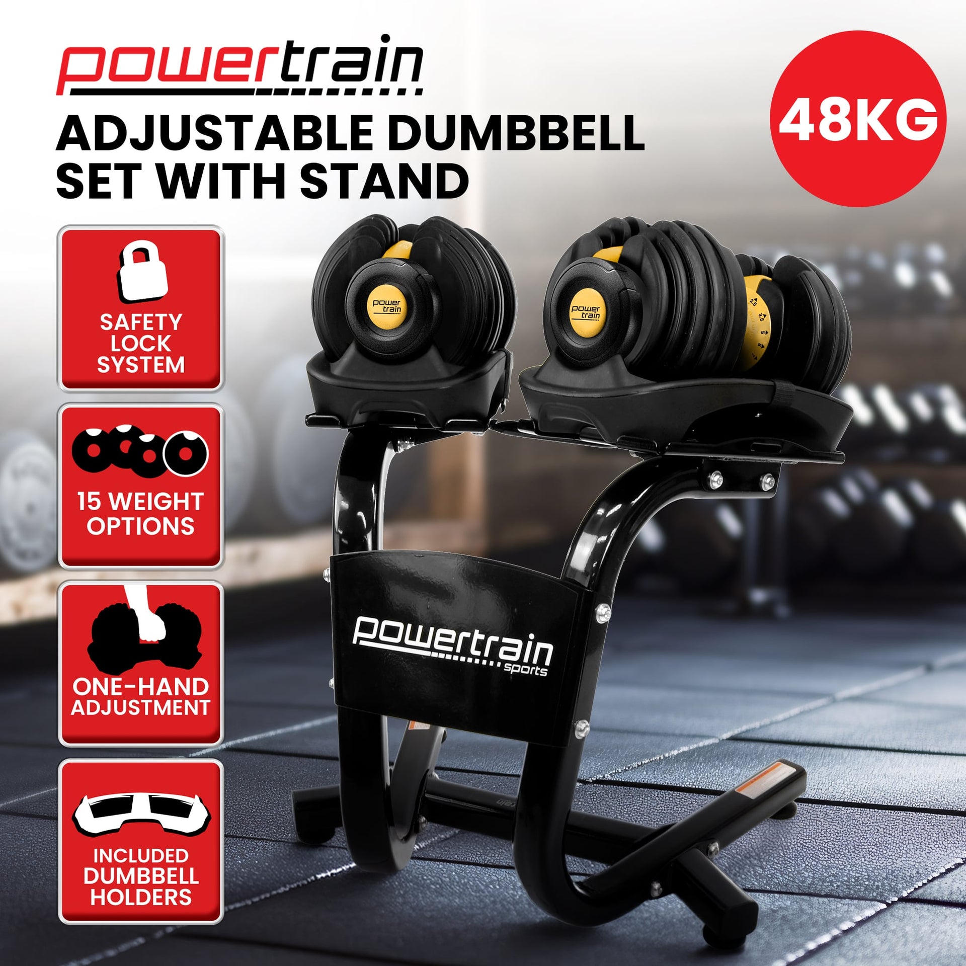 Powertrain  48KG Adjustable Dumbbell Set With Stand - Gold Awezingly