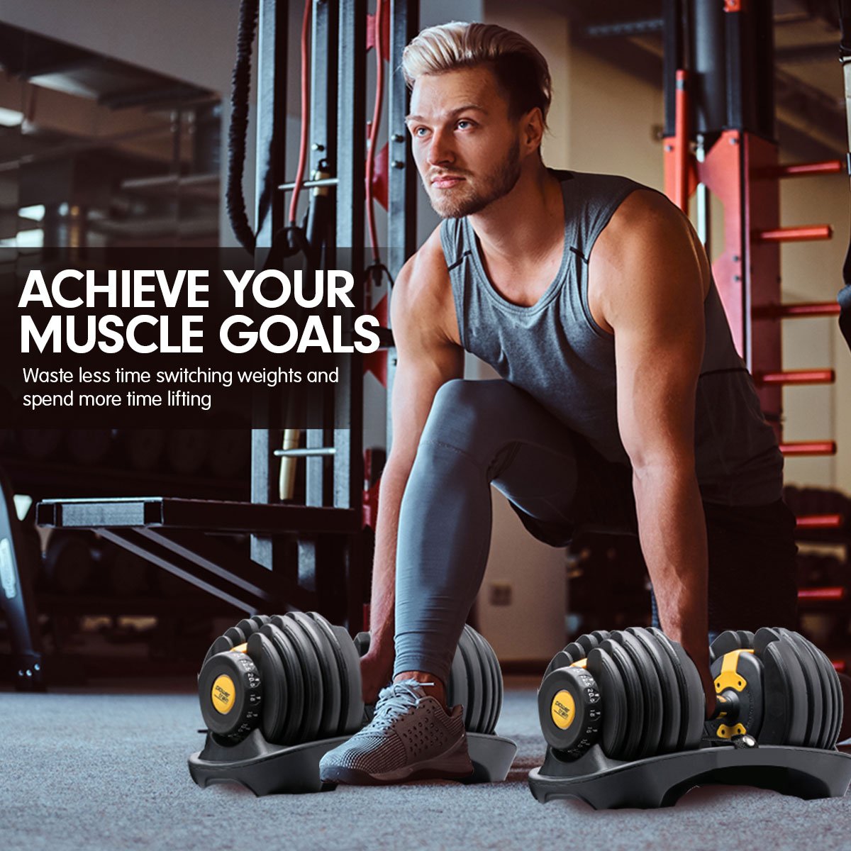 Powertrain  48KG Adjustable Dumbbell Set With Stand - Gold Powertrain