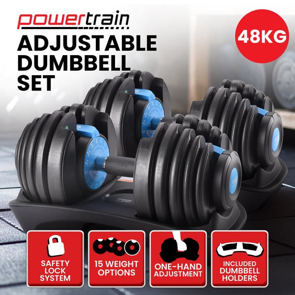 Powertrain 2x 24kg Adjustable Dumbbell Home Gym Set Awezingly