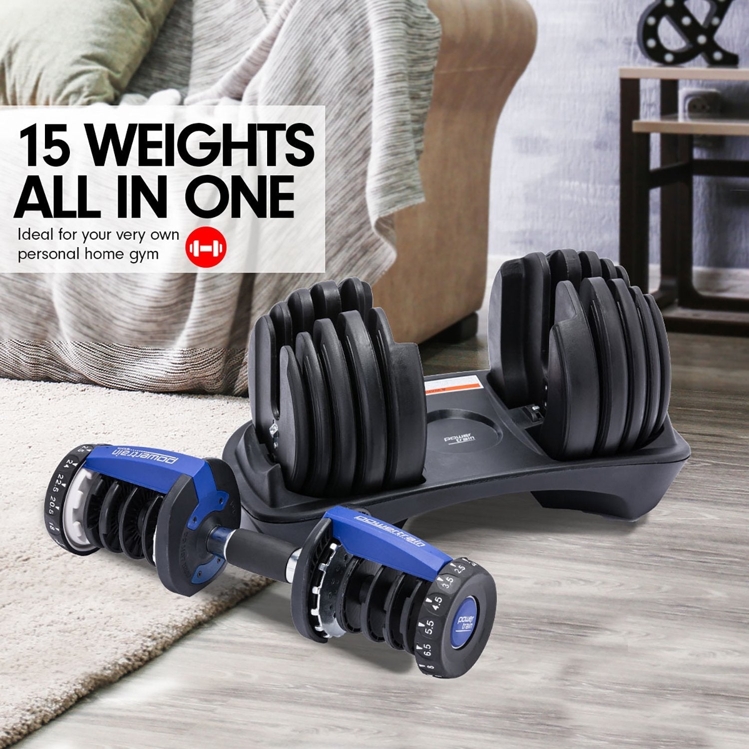 Powertrain 2x 24kg Adjustable Dumbbell Home Gym Set Powertrain