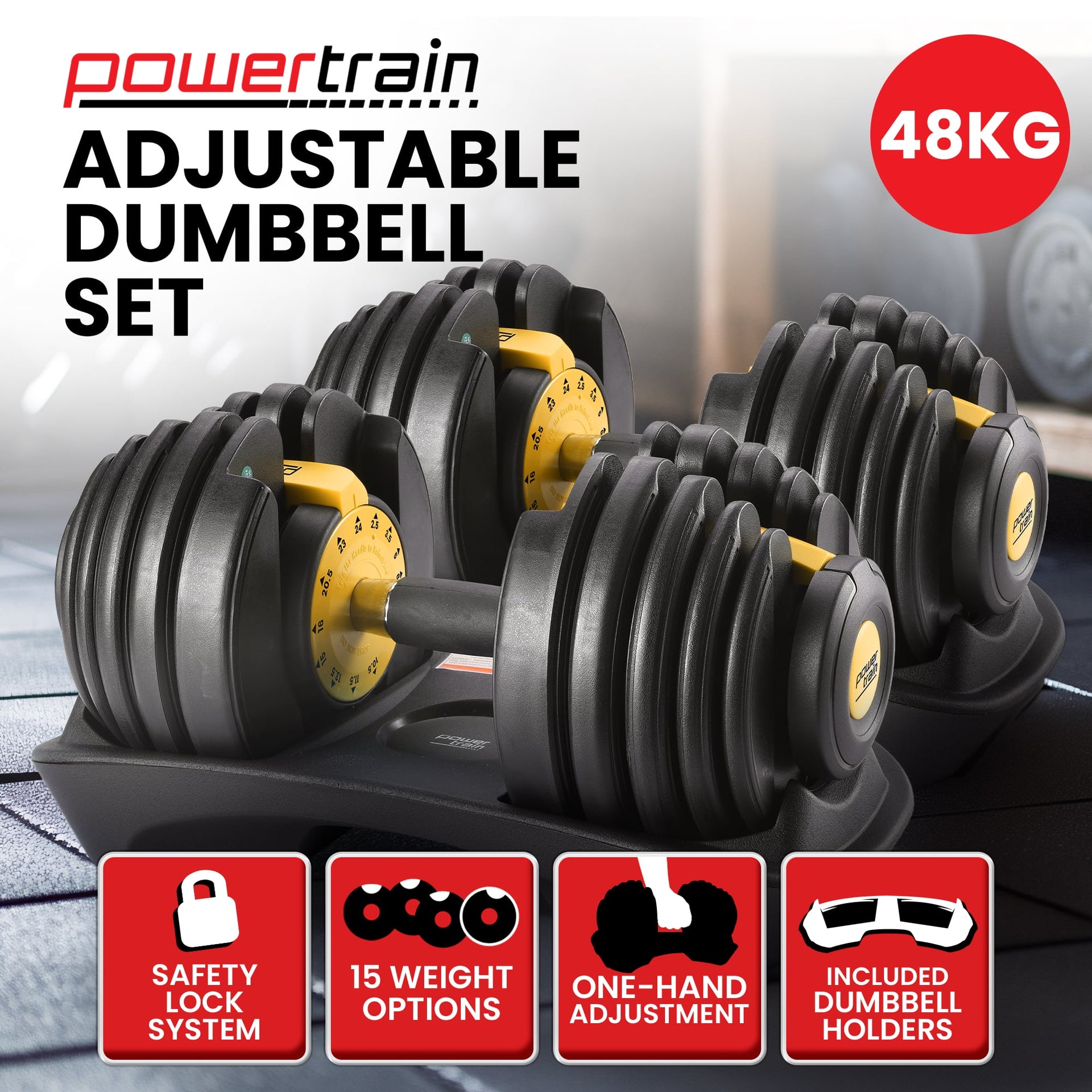 Powertrain 48kg  Adjustable Dumbbell Home Gym Set Gold Awezingly