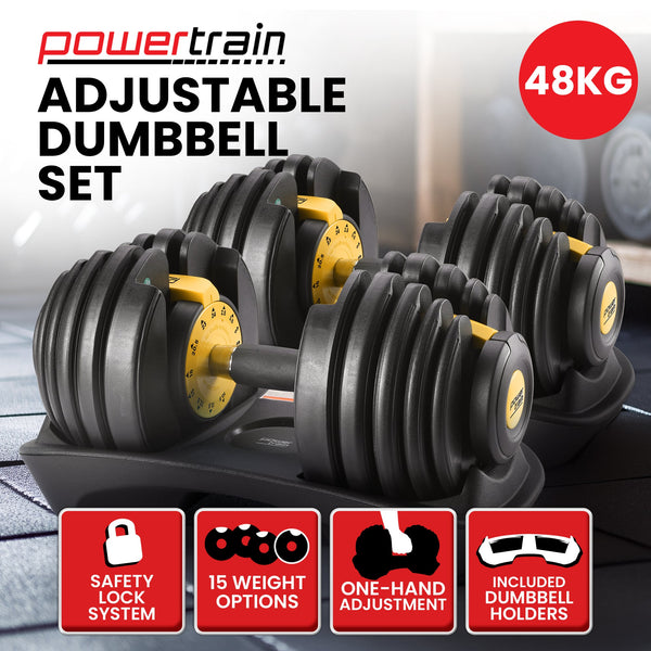 Powertrain 48kg  Adjustable Dumbbell Home Gym Set Gold Awezingly