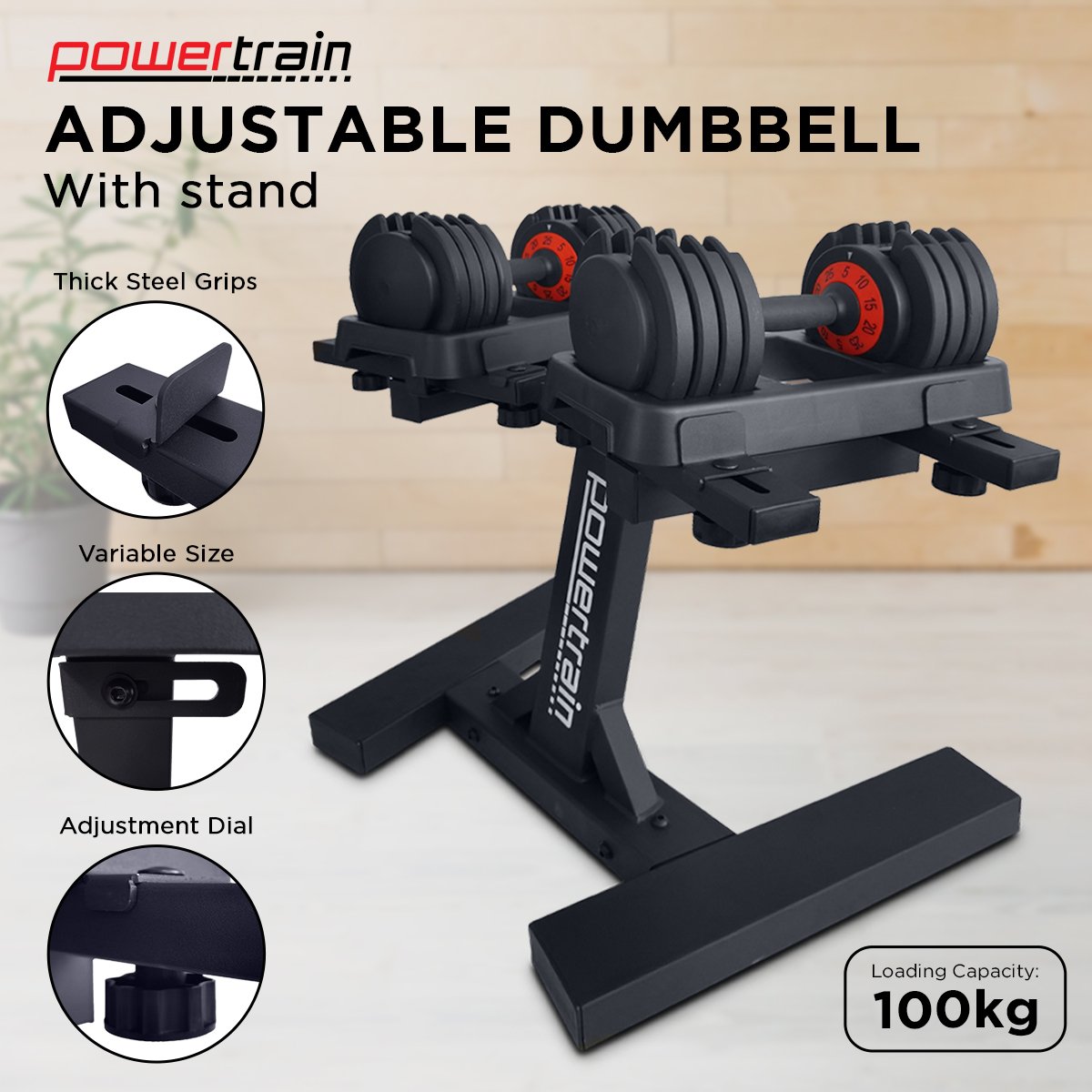 Powertrain GEN2 Pro Adjustable Dumbbell Set - 2 x 25kg (50kg) Home Gym Weights with Stand Powertrain