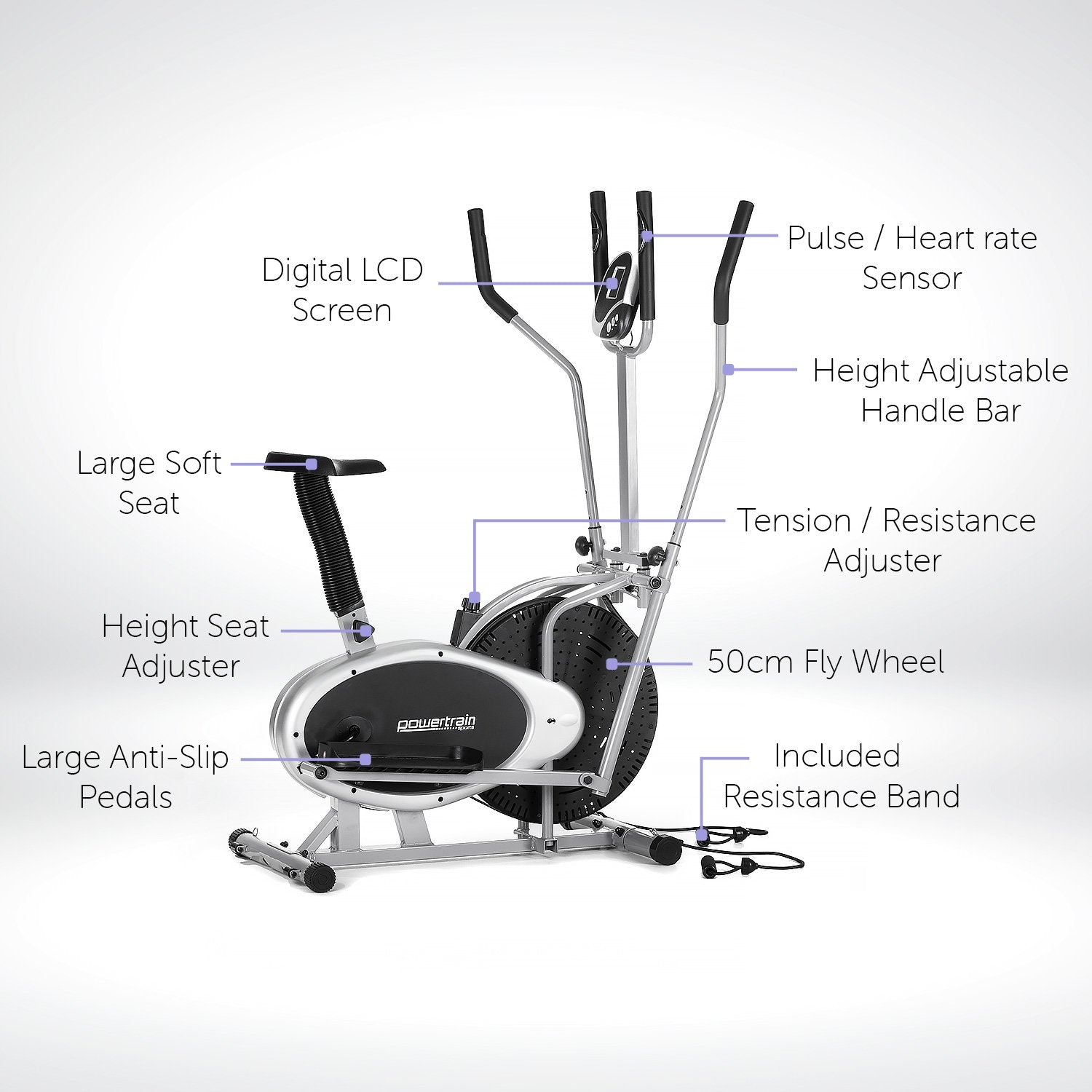 Powertrain 3-in-1 Elliptical Cross Trainer Exercise Bike with Resistance Bands Powertrain