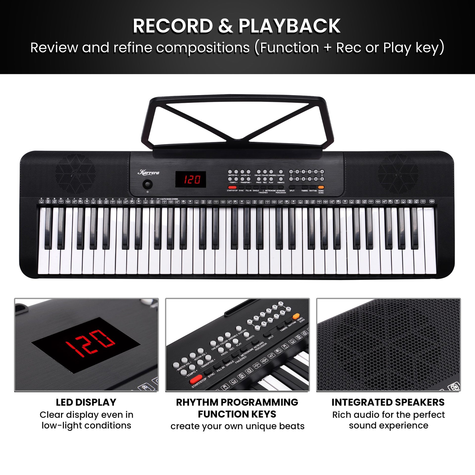 Karrera 61-Key Electronic Piano Keyboard with LED and Folding Stand in Black CHJ-SD1 Awezingly