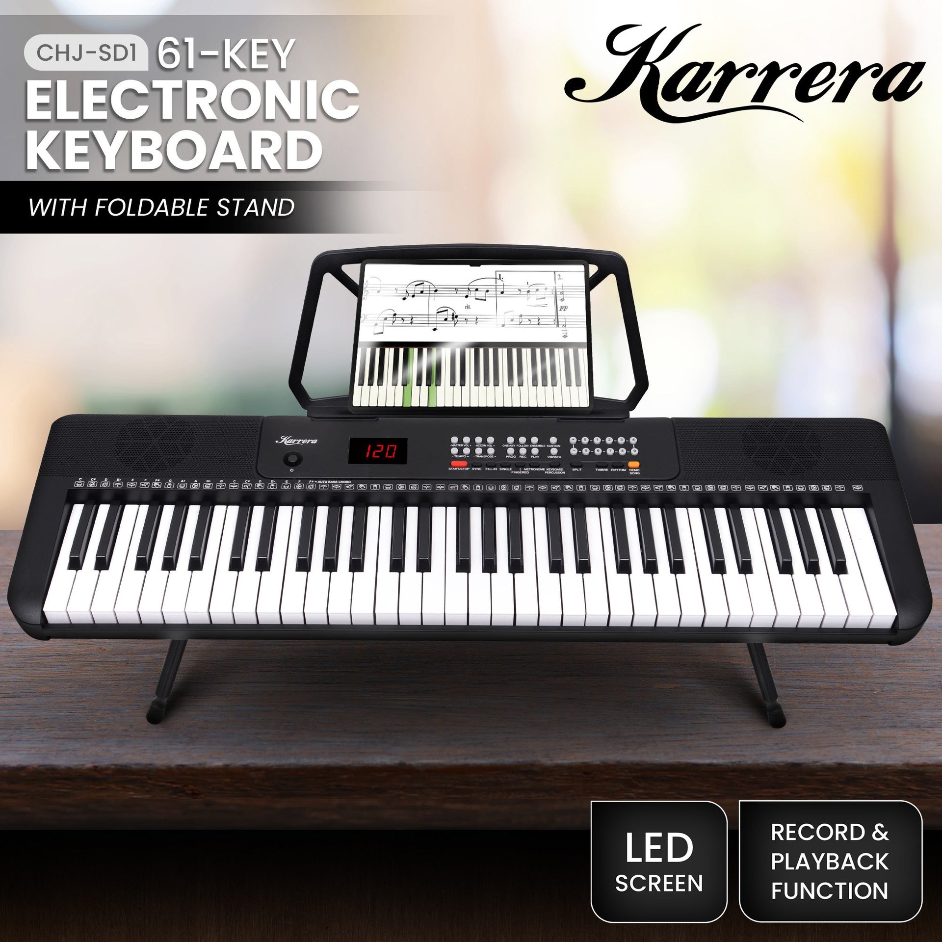 Karrera 61-Key Electronic Piano Keyboard with LED and Folding Stand in Black CHJ-SD1 Awezingly