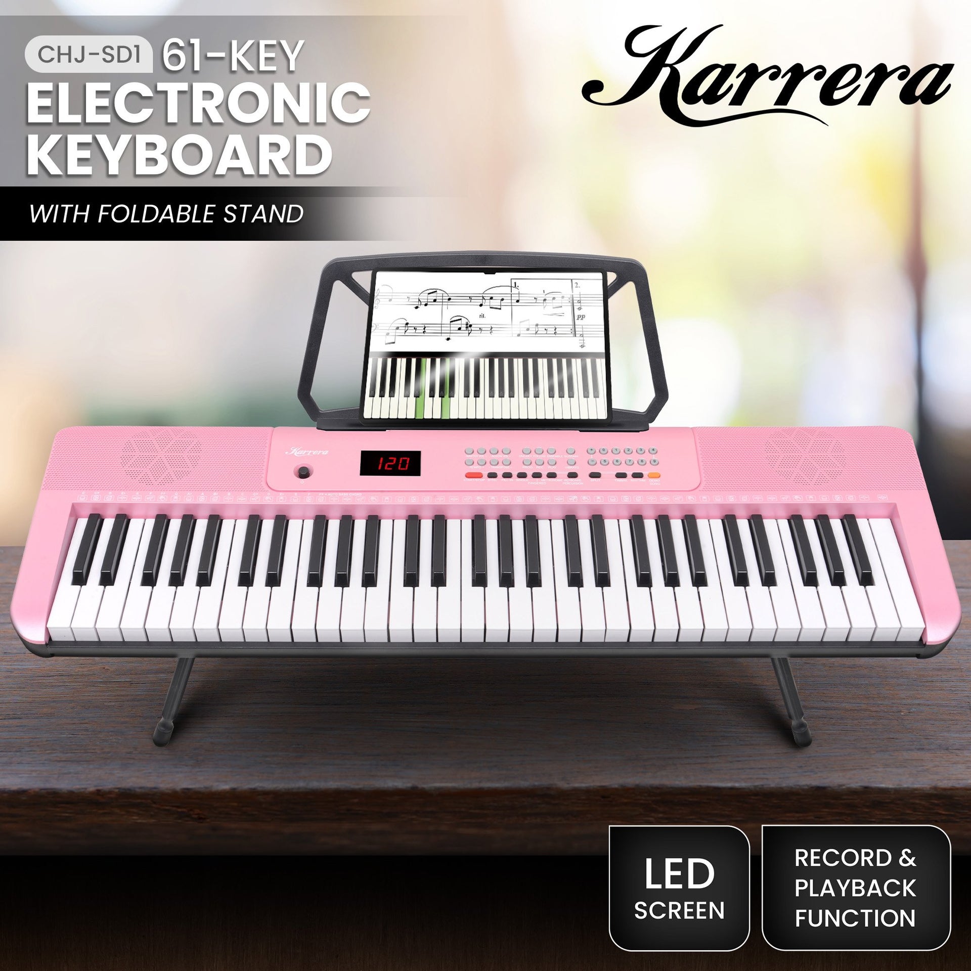 Karrera 61-Key Electronic Piano Keyboard with LED and Folding Stand in Pink CHJ-SD1 Awezingly