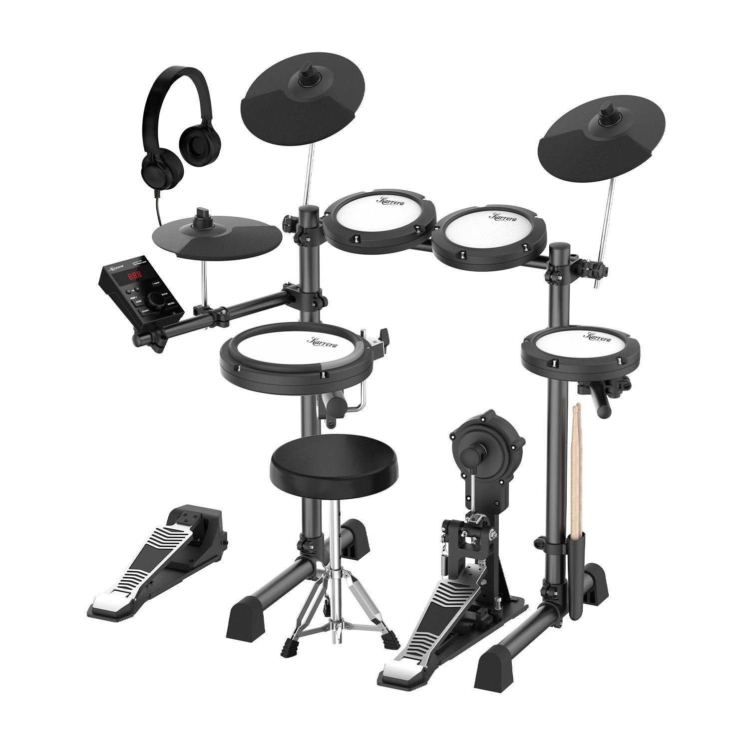 Karrera 18S Electronic Drum Kit Mesh Pads 8in Snare Bluetooth Sounds USB/MIDI Output Kick Pedals Drum Coach & Metronome Awezingly