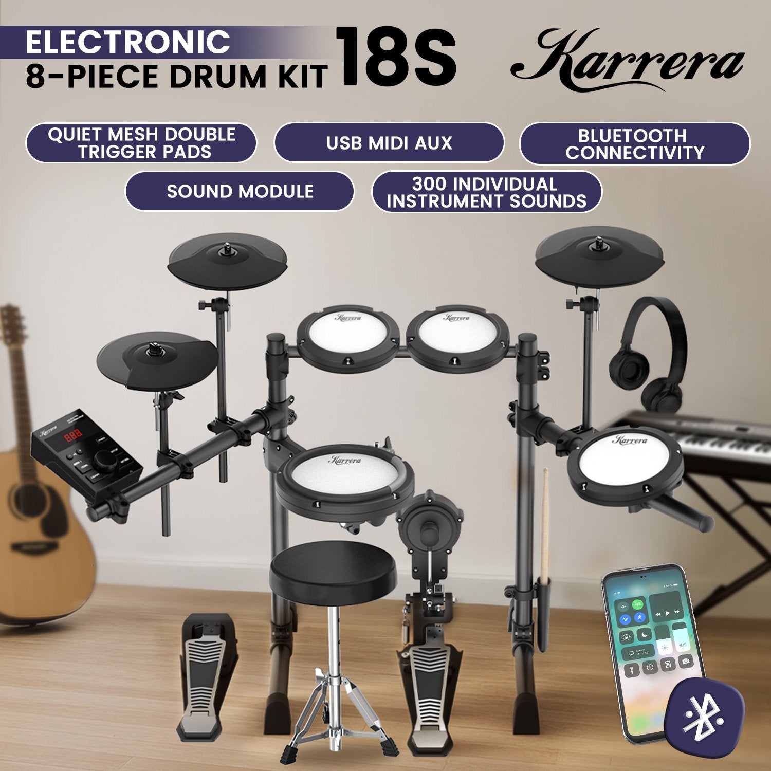 Karrera 18S Electronic Drum Kit Mesh Pads 8in Snare Bluetooth Sounds USB/MIDI Output Kick Pedals Drum Coach & Metronome Awezingly