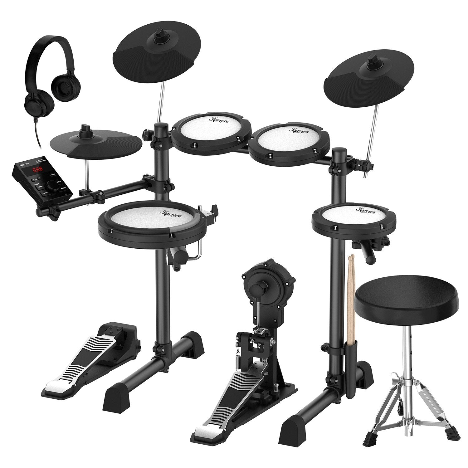 Karrera 18S Electronic Drum Kit Mesh Pads 8in Snare Bluetooth Sounds USB/MIDI Output Kick Pedals Drum Coach & Metronome Awezingly