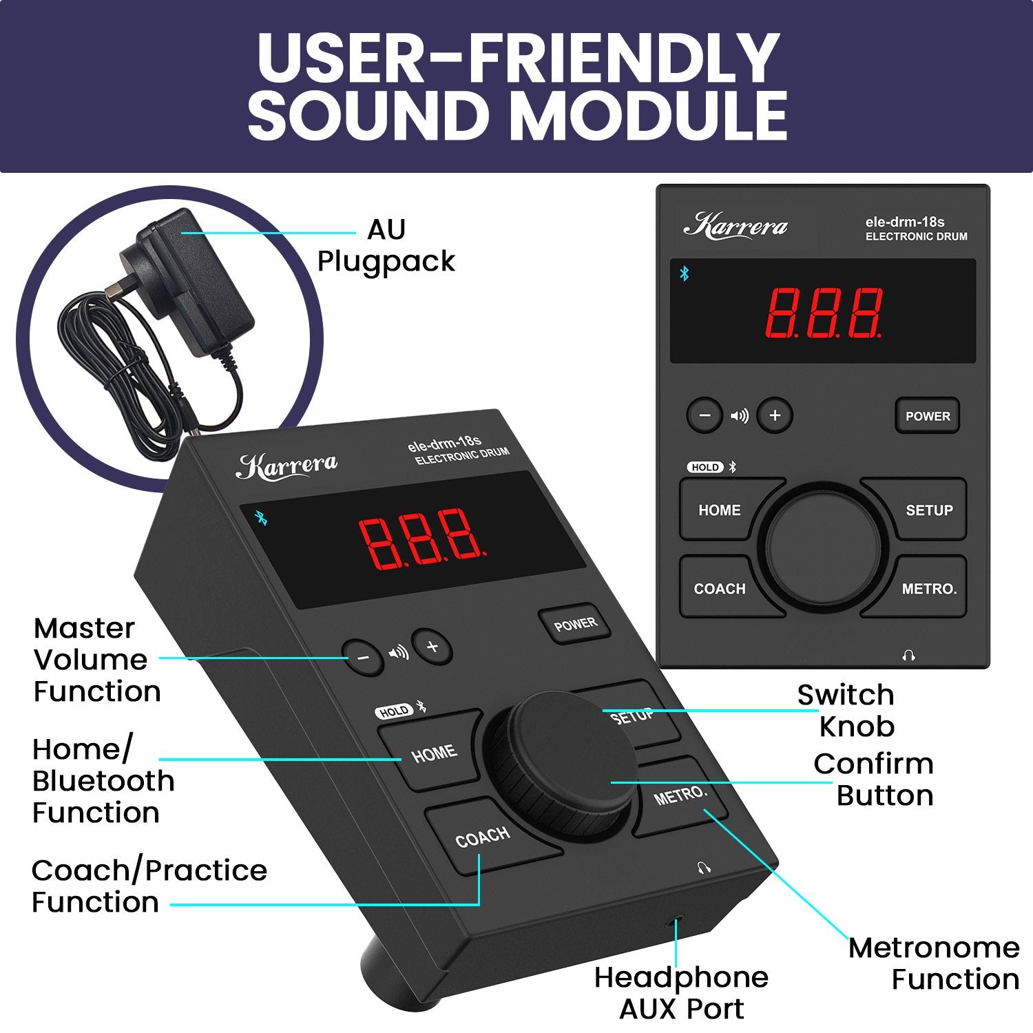 Karrera 18S Electronic Drum Kit Mesh Pads 8in Snare Bluetooth Sounds USB/MIDI Output Kick Pedals Drum Coach & Metronome Awezingly