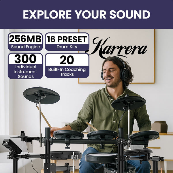 Karrera 18S Electronic Drum Kit Mesh Pads 8in Snare Bluetooth Sounds USB/MIDI Output Kick Pedals Drum Coach & Metronome Awezingly