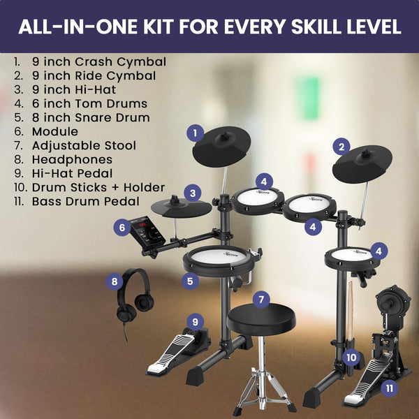 Karrera 18S Electronic Drum Kit Mesh Pads 8in Snare Bluetooth Sounds USB/MIDI Output Kick Pedals Drum Coach & Metronome Awezingly