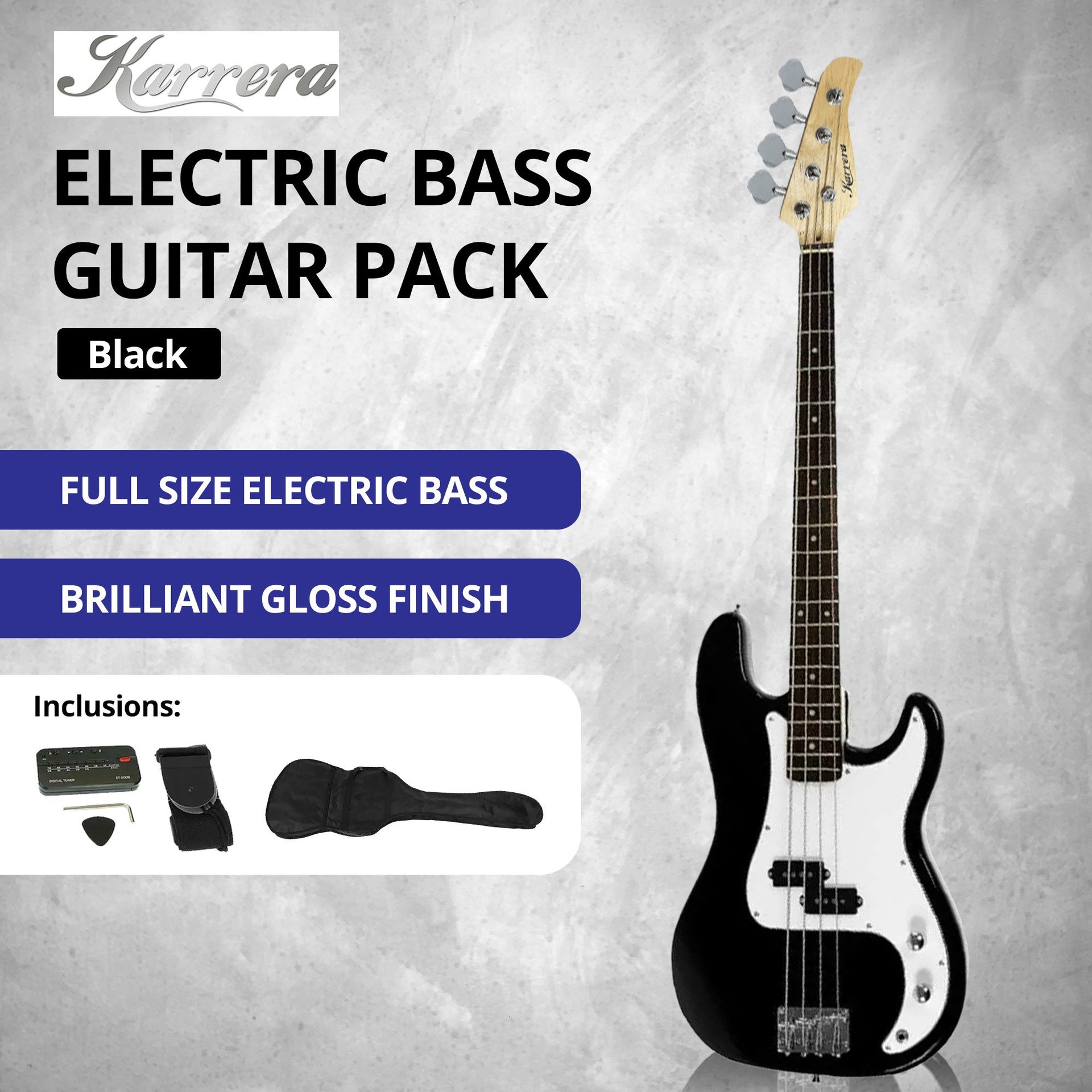 Karrera 39in Electric Guitar Bass Tuner Music 4-String Instrument Full Size Black Karrera