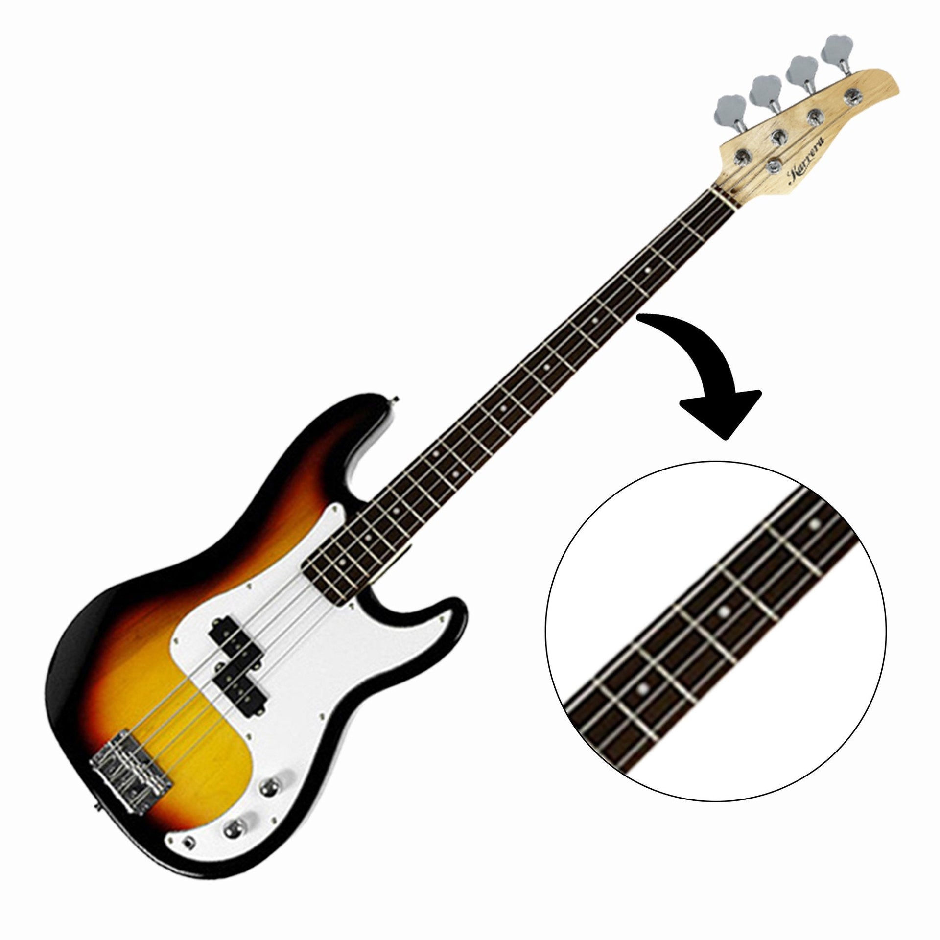 Karrera 39in Electric Guitar Bass Tuner Music 4-String Instrument Full Size Sunburst Karrera