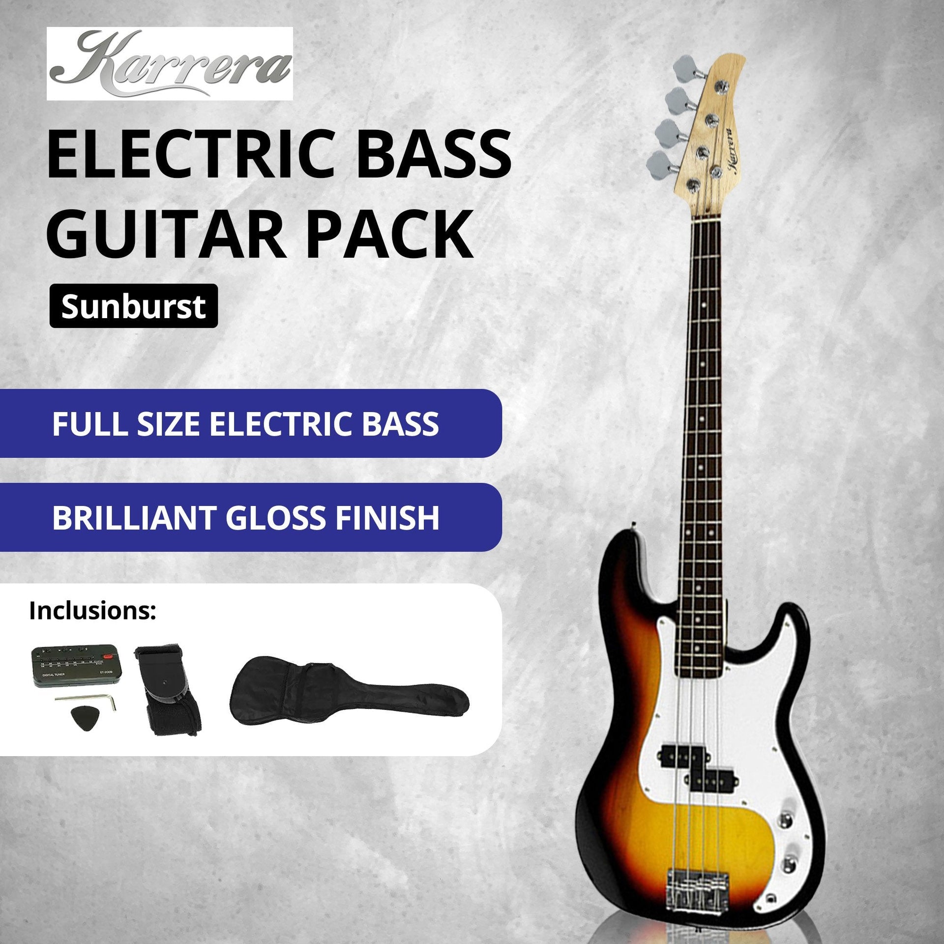 Karrera 39in Electric Guitar Bass Tuner Music 4-String Instrument Full Size Sunburst Karrera